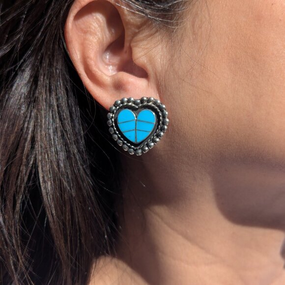 Zuni Kingman Turquoise Heart Inlay Stud Earrings Handcrafted Native American ** - Picture 9 of 11